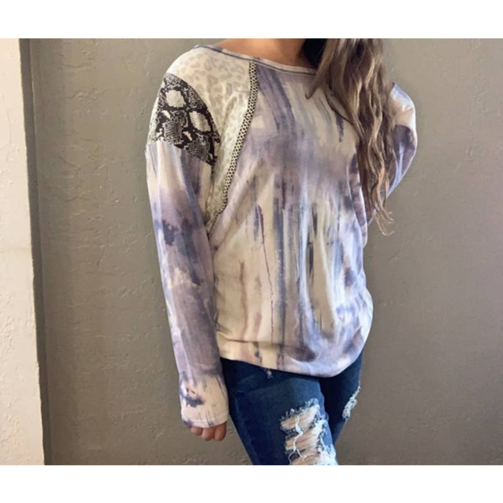 NEW Tie Dye Knit Top With With Print Block Shoulder XL‎